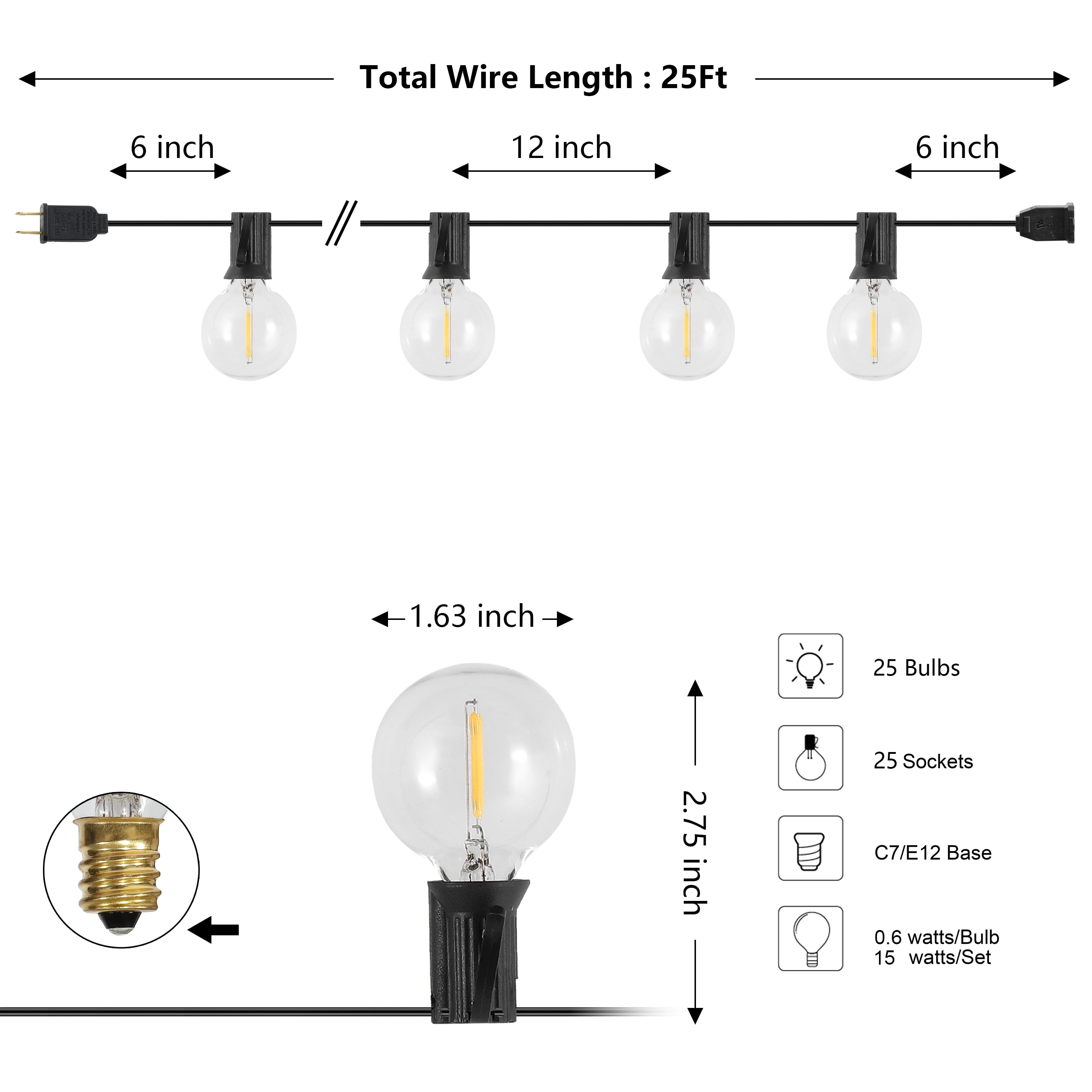 JONATHAN Y 25-Light Indoor/Outdoor 25 ft. Contemporary Rustic Incandescent G40 Bistro Globe Bulb String Lights, Black (Set of 2)
