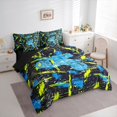 thumbnail image 2 of Castle Fairy Dirt Bike Pattern Twin Bedding Sets 7-Piece for Teens, Graffiti Print Bedding Comforter Set for Bedroom, Blue Yellow,Black Reversible, 2 of 7