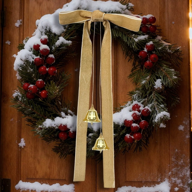 Colgante Navideño con Lazo y Campanas, Adornos de Terciopelo Decorados | Decoración Festiva con Cascabeles y Brillo | Colgante Reutilizable para Corona Navideña