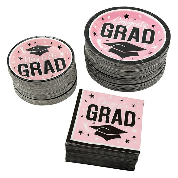 Fun Express Bulk 300 Pieces Pink Congrats Grad Graduation Party Disposable Tableware Kit for 100 Guests