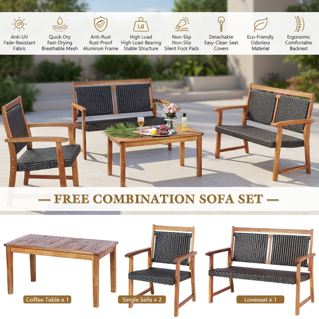 Hommoo 4-Piece Outdoor Patio Rattan Sofa Set with Solid Acacia Wood Frame, Weather-Resistant PE Rattan Loveseat, Single Sofas & Coffee Table for Backyard, Poolside, Garden, Reddish Brown