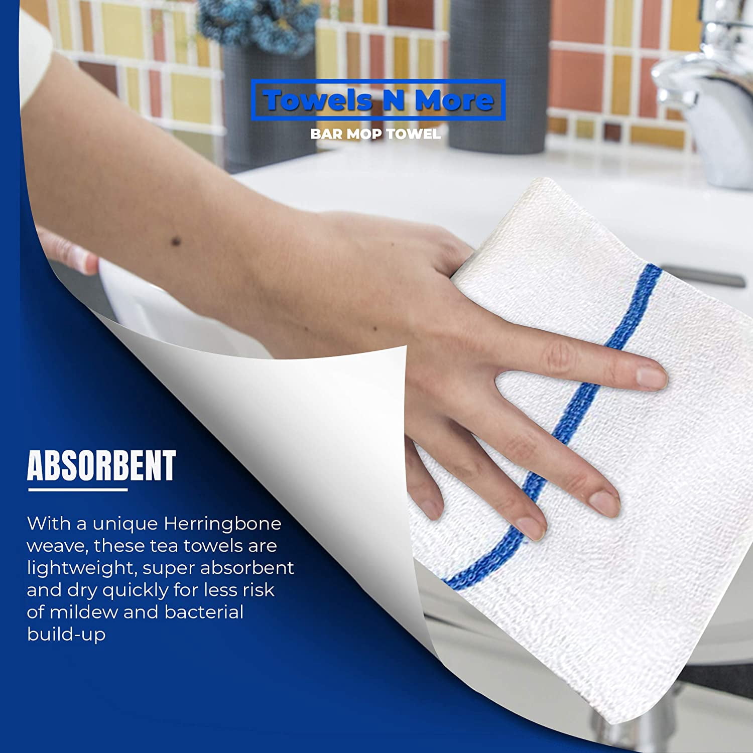 24 Pack Bar Mop Towels, 16x19 Kitchen Cleaning Towels, 30oz Commercial Bar Mop Towels, Restaurant Cleaning Towels Reusable Cotton, Blue Stripe by Towels N More