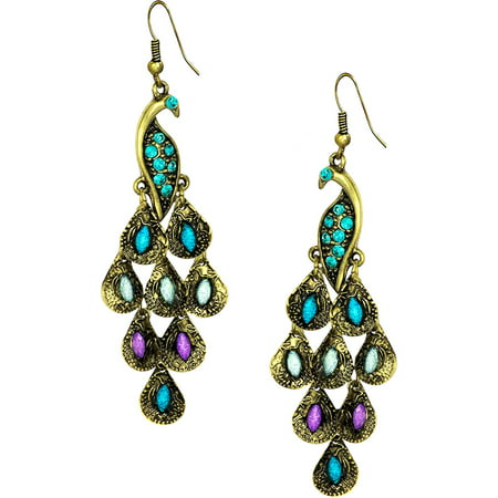 Gold Tone Vintage Peacock Blue Epoxy Crystal Feather Dangle Statement Earrings, 2.25