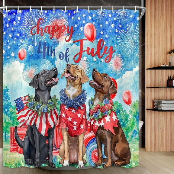 Independence Day Shower Curtain, Funny 4th of July Dog Shower Curtain Patriotic Dog Bathroom Curtains, Waterproof Farmhouse Puppy Bath Bathtub Decor with 12 Hooks,70X70