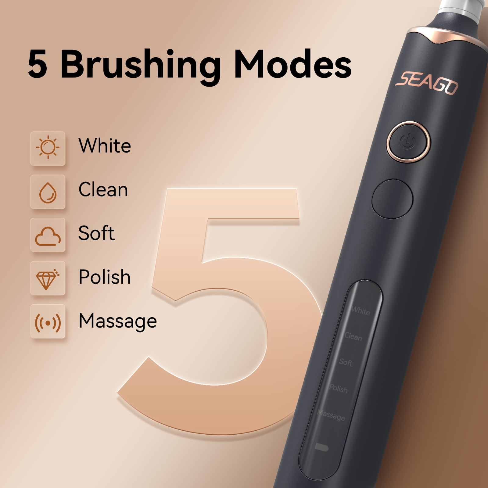 SEAGO SG-2603 Rotating 5 Cleaning Modes Electric Toothbrush with 8 Brush Heads, Black