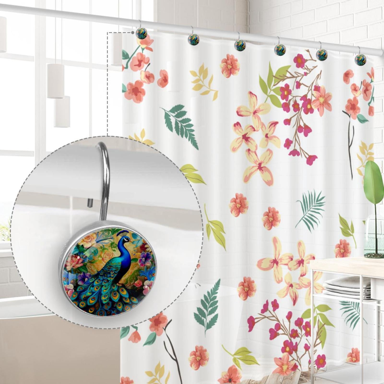 Peacock Shower Curtain Hooks （Set of 12） for Home Hotel Shower Rods Bathroom Crystal Glass Print Stainless Steel Round Curtain Hooks