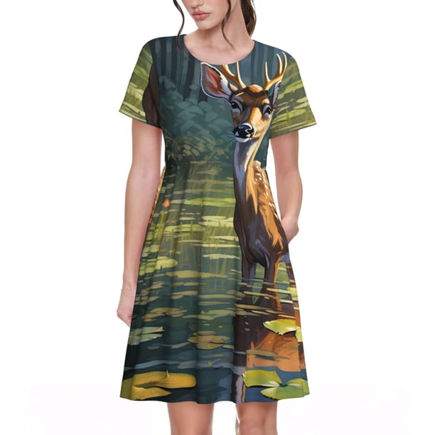 Balery Peaceful Deer Lily Pond Vestidos sueltos de manga corta para mujer, vestidos de verano 2025, vestidos casuales de corte A con vuelo.