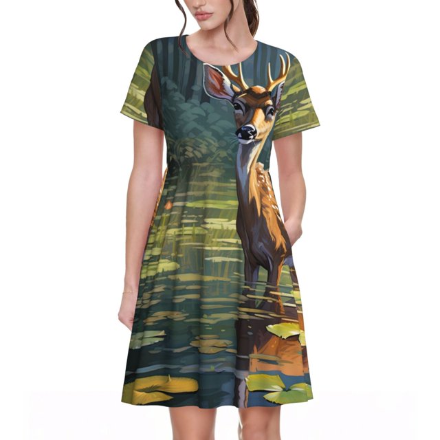 Disketp Peaceful Deer Lily Pond para Vestido de Manga Corta para Mujeres, Vestidos de Verano para Mujeres, Casual y Holgado para la Playa