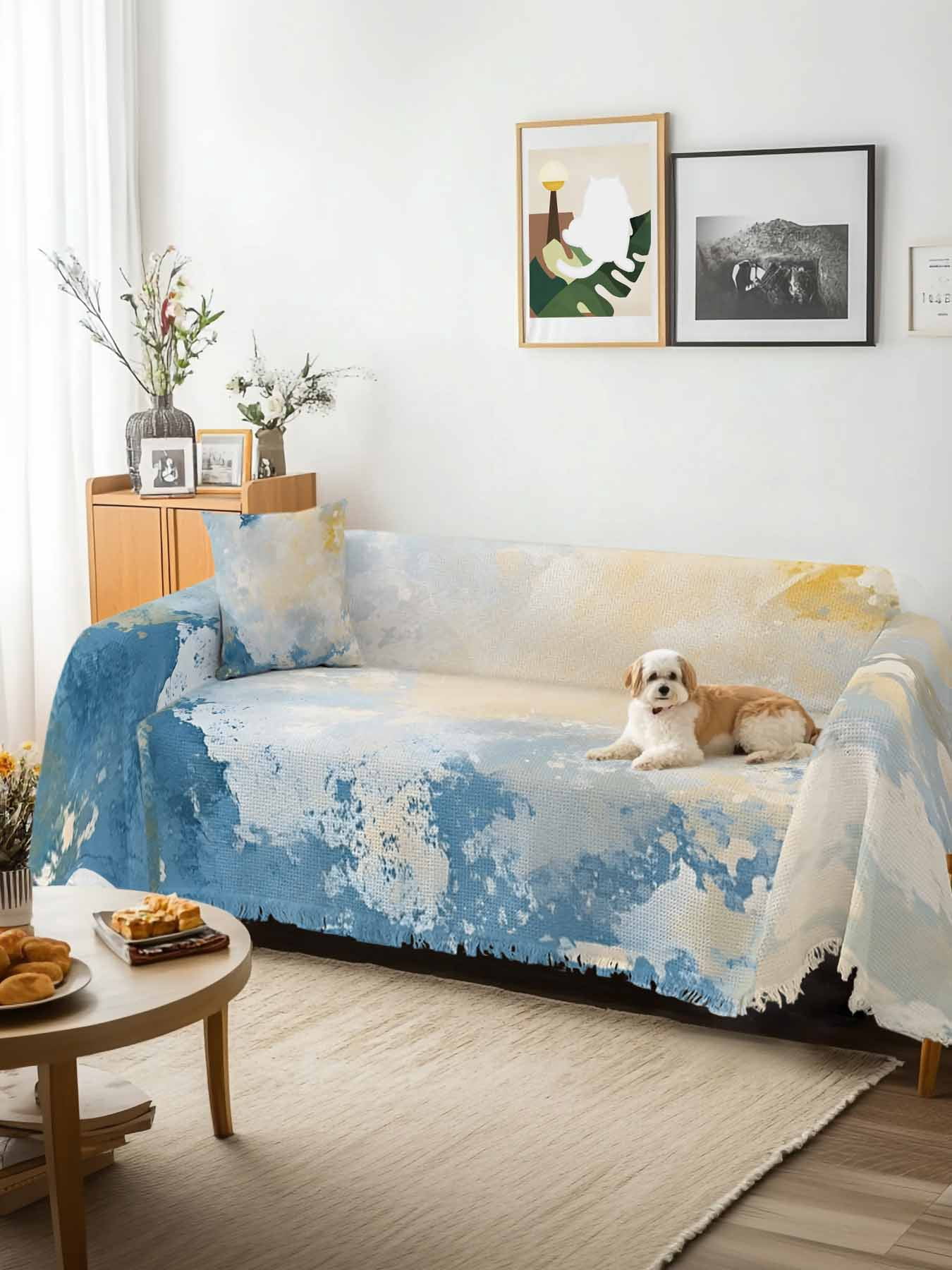 Blue Yellow Couch Cover for 2 Cushion Couch, Modern Vintage Oil Painting Abstract Washable Love Seat Sofa Covers Slipcover, Throw Sofa Covers for Pets, Furniture Protector 71"x102"