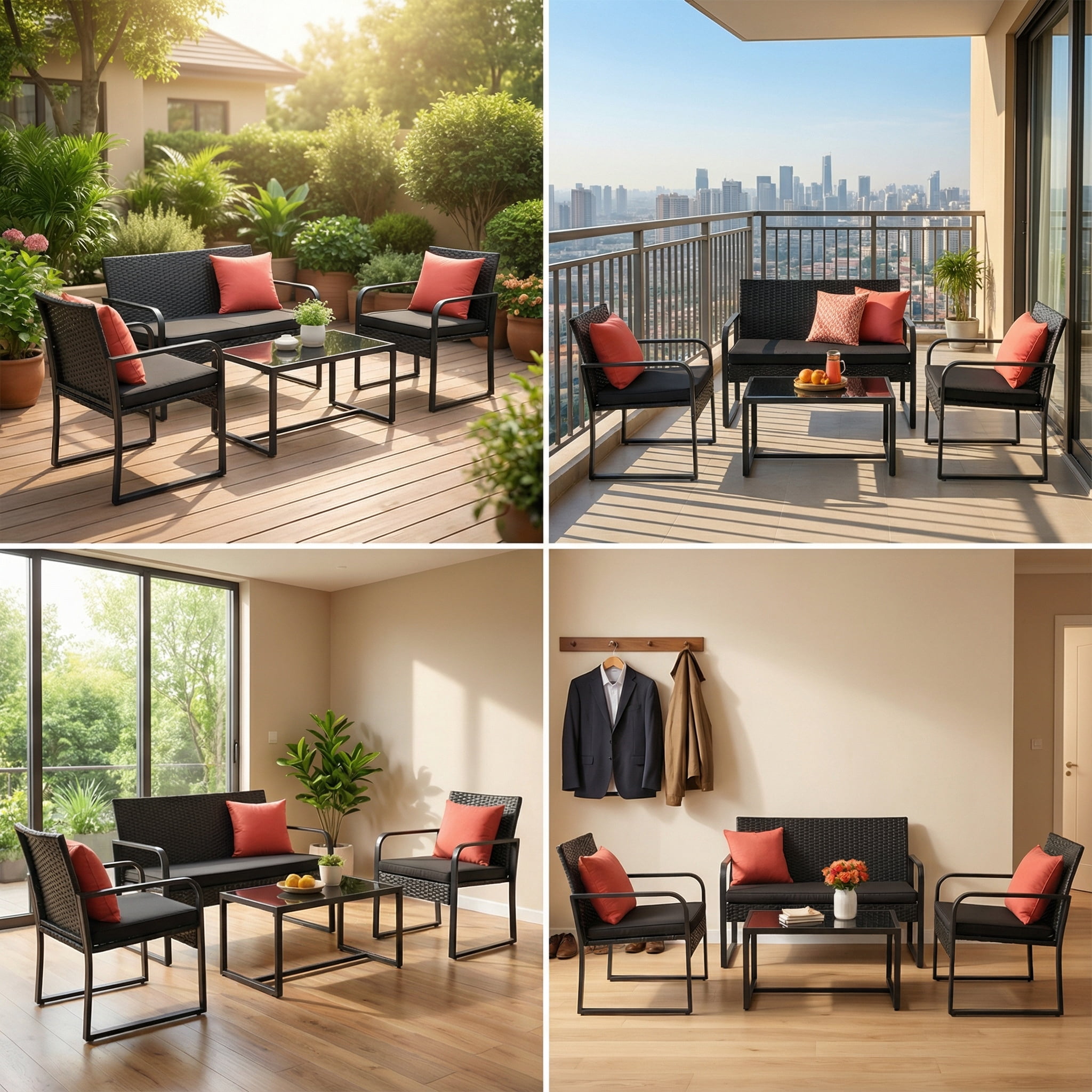 Patio Furniture Set Lofka 4 Pieces Outdoor Wicker Conversation Set with Tempered Glass Table, Modern Rattan for Balcony/Porch/Poolside, Black Cushion