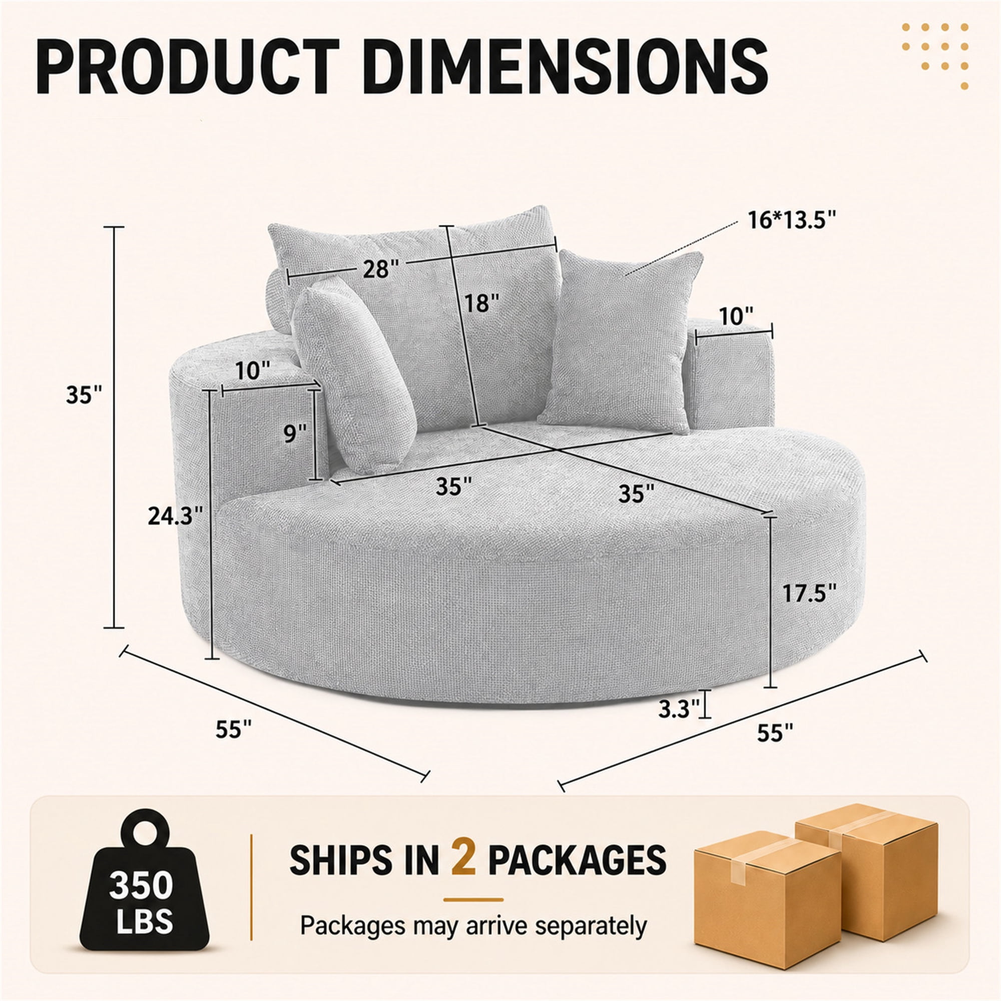 Aukfa 55 in Swivel Accent Chair, Oversized Round Cloud Sofa Chair for Living Room Bedroom, 3 Pillows, Chenille, Black