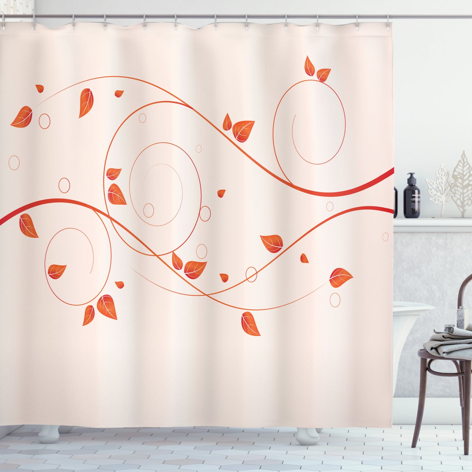 Autumn Scroll Shower Curtain, Swift Floral Pattern with Leaves Swirls