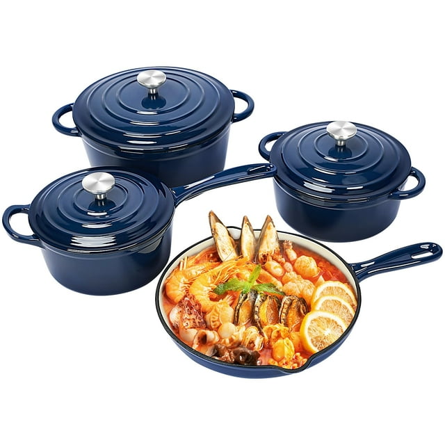Juego de utensilios de cocina de hierro fundido esmaltado antiadherente QuliMetal, sartén, 7 piezas con tapa, olla holandesa redonda y saludable para hornear pan de masa madre, apta para horno hasta 2