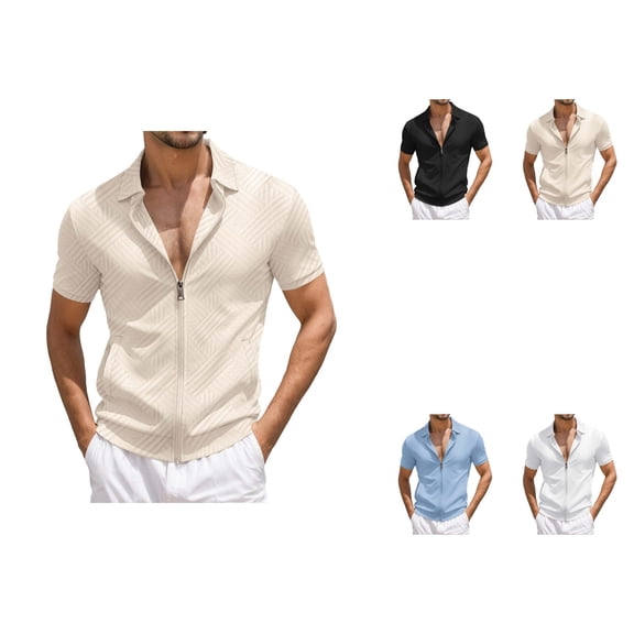 Summer Casual Outdoor Zippered Shirt Short Sleeve Knit Top With Jacquard Pattern Lightweight Breathable Loose Fit Wear