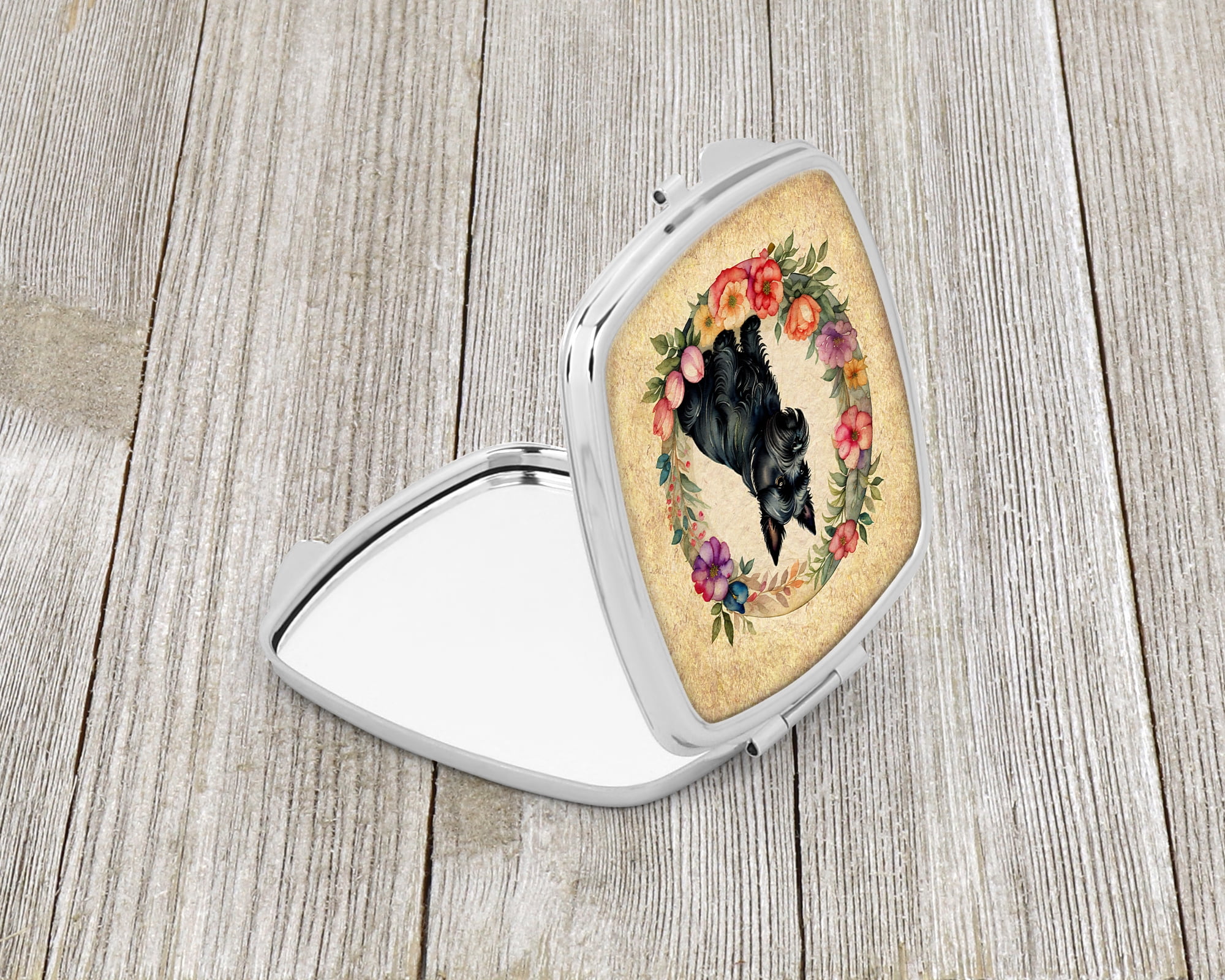 Scottish Terrier and Flowers Compact Mirror 2.75 in x 3 in