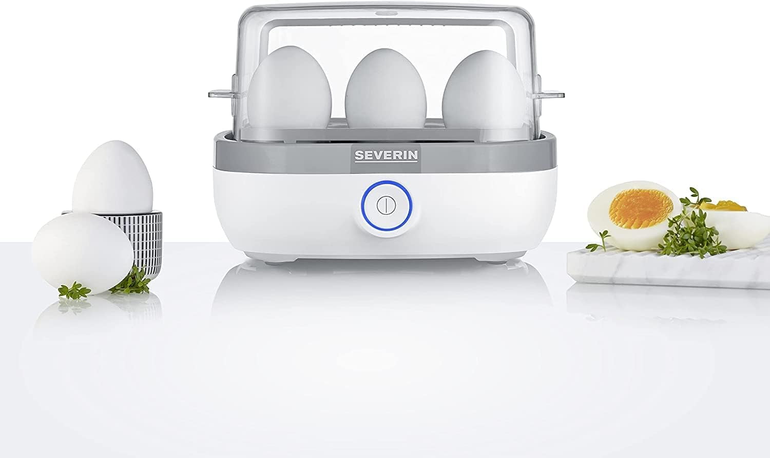 SEVERIN Egg Boiler for 6 Eggs, Includes Measuring Cup with Egg Picker, Egg Cooker with Beep Aft