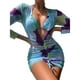thumbnail image 1 of Conjunto de bikini para mujer, traje de baño elegante de 2 piezas para playa, traje de baño de malla transparente, prendas de vestir de manga larga, estampado en azul M, 1 of 6