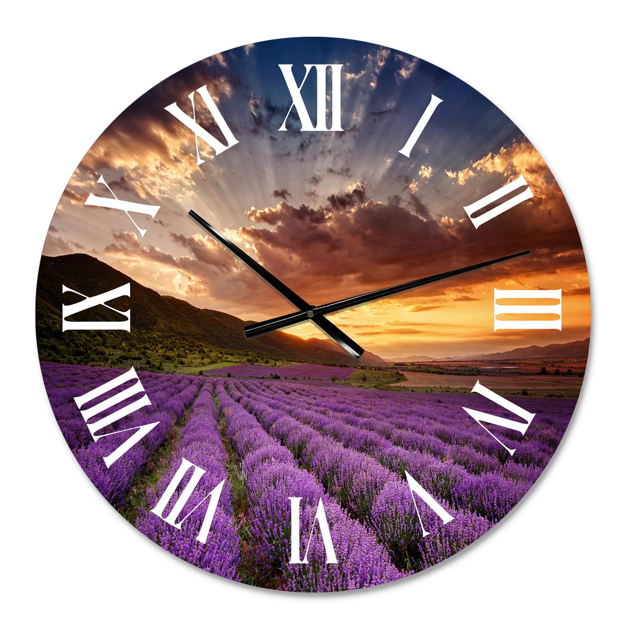 Designart 'Sunrise & Dramatic Clouds Over Lavender Field X' Farmhouse Wall Clock