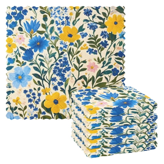 Yellow with Blue Flower Kitchen Cloth Dish Towels for Drying Washing Absorbent Dish Rags Reusable soft kitchen dishcloth set 6 Pack