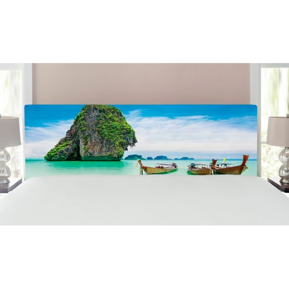 Island Headboard, Limestone Rock in the Sea Boats Tranquil Heaven Coast Horizon Off Nature Photo, Upholstered Decorative Metal Bed Headboard with Memory Foam, King Size, Multicolor, by Ambesonne