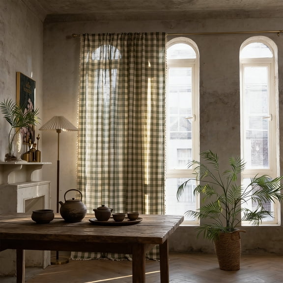 Ohmyroo Rural Style Woven Window Curtains Semi Transparent Gingham Drape For Living Room Bedroom Balcony