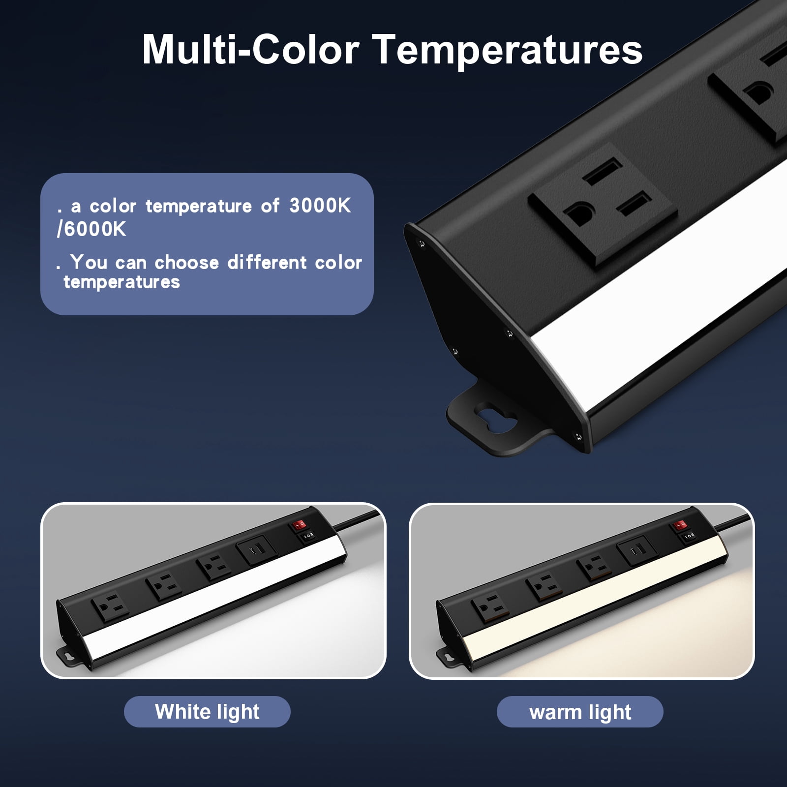 Multi-Functional Power Strip with Under Cabinet Lights Bar, 3 AC Outlets & 2 USB Ports Support USB/Type-C Fast Charging, Aluminum Shell & 2 CCT 3000K/6000K, Under Tool Cabinet Lights