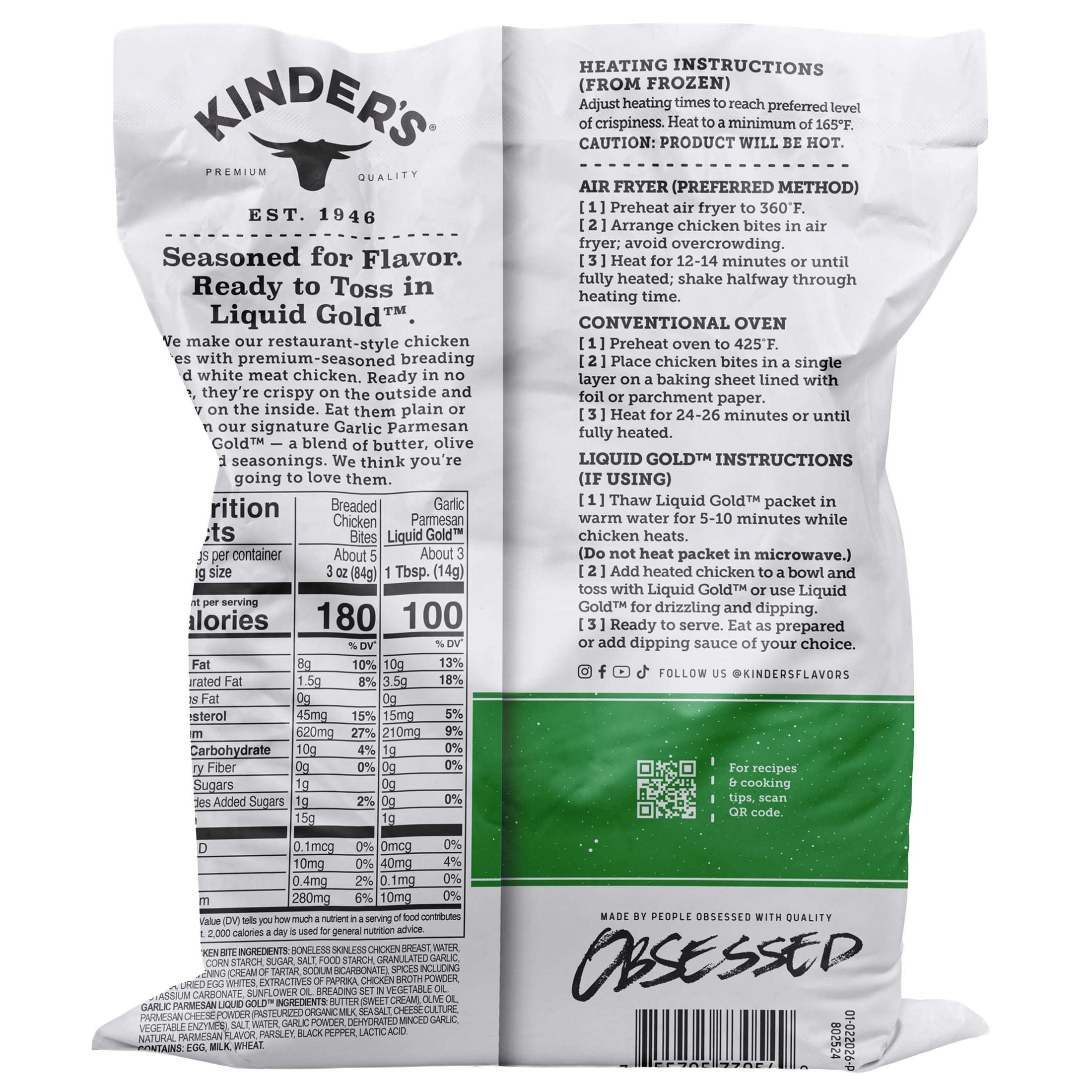 Kinder's Restaurant-Style Breaded Garlic Parmesan Boneless Chicken Bites, 17.5 oz (Frozen)