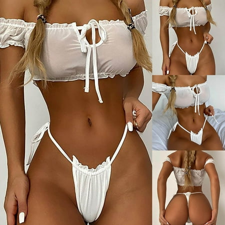 

UoCefik Women Lingerie See Through Off the Shoulder Sexy Babydoll Mesh Bra and Panty Sets White M