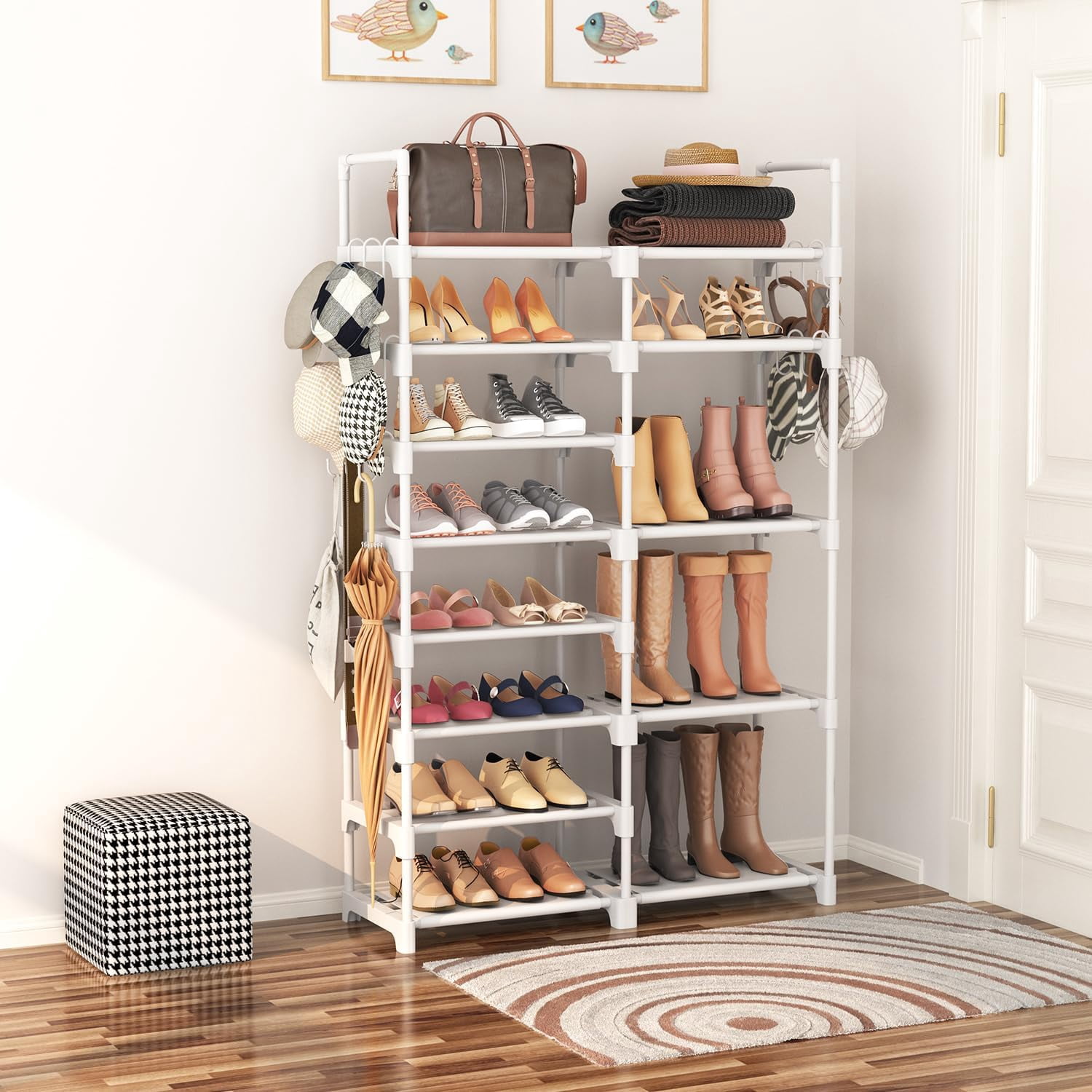 Shoe Rack Organizer, 8-Tier Metal Shoe Rack for Closet Entryway Garage, 26-32 Pairs Tall Shoe Boot Storage Shelf with 15 Hooks, Stackable Large Shoe Stand