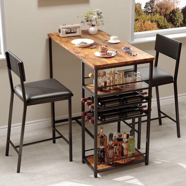 EDTara 3 Piece Dining Table Set, Space-Saving Rectangle Table With 4-Tier Storage Shelves, 2 Faux Leather Chairs, Wine Rack, and Cup Holder for Kitchen, Studio, or Small Dining Areas