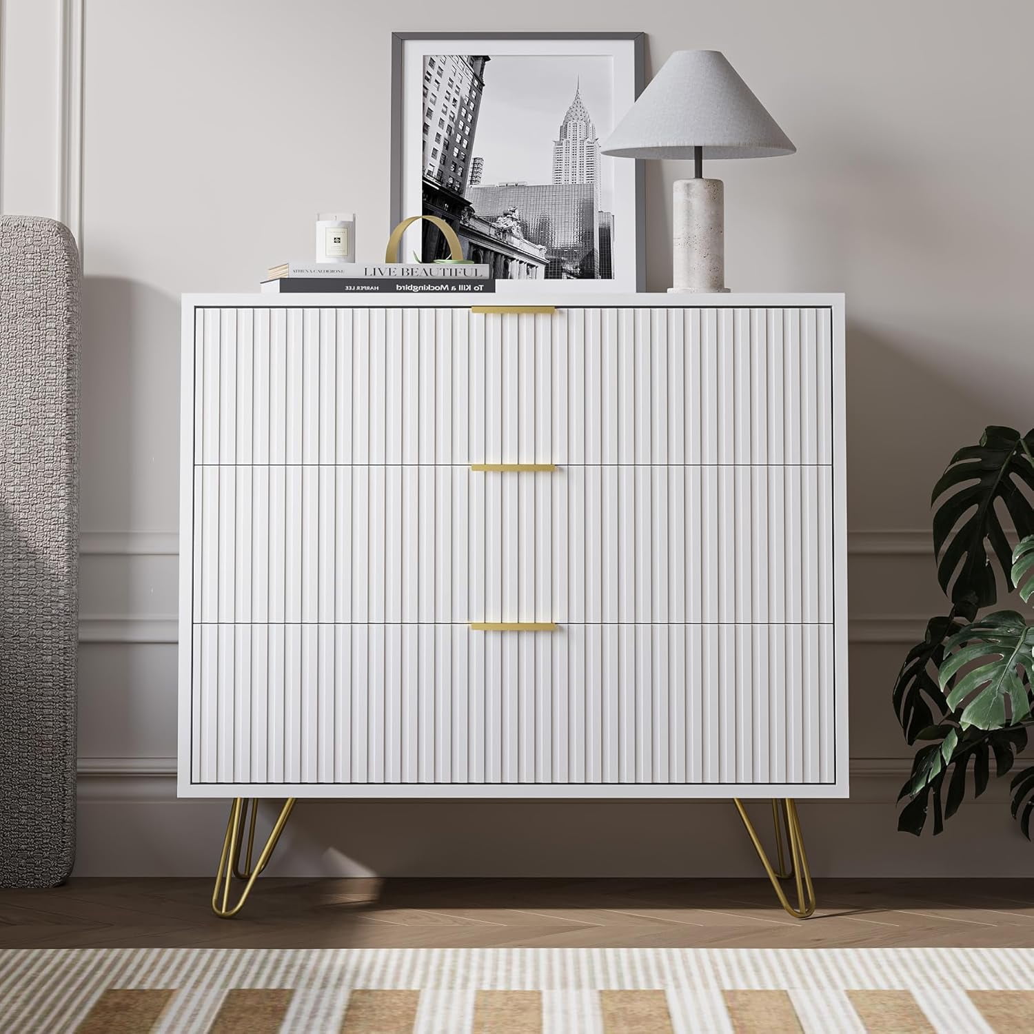 FURNIWAY White 3 Drawer Dresser for Bedroom, Modern Closet Dressers Chest of Drawers, Fluted Dresser Chest Cabinet with Gold Metal Handles, Nightstand for Bedroom, Living Room, Hallway, Entryway