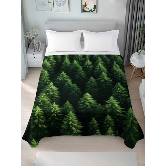 Green Forest California King Size Flat Sheet, Wrinkleproof & Fadeproof Cooling Flat Bed Sheet Only, Pine Trees Modern Mysterious Art Breathable Soft Bedding Top Sheets 108 x 98 Inches
