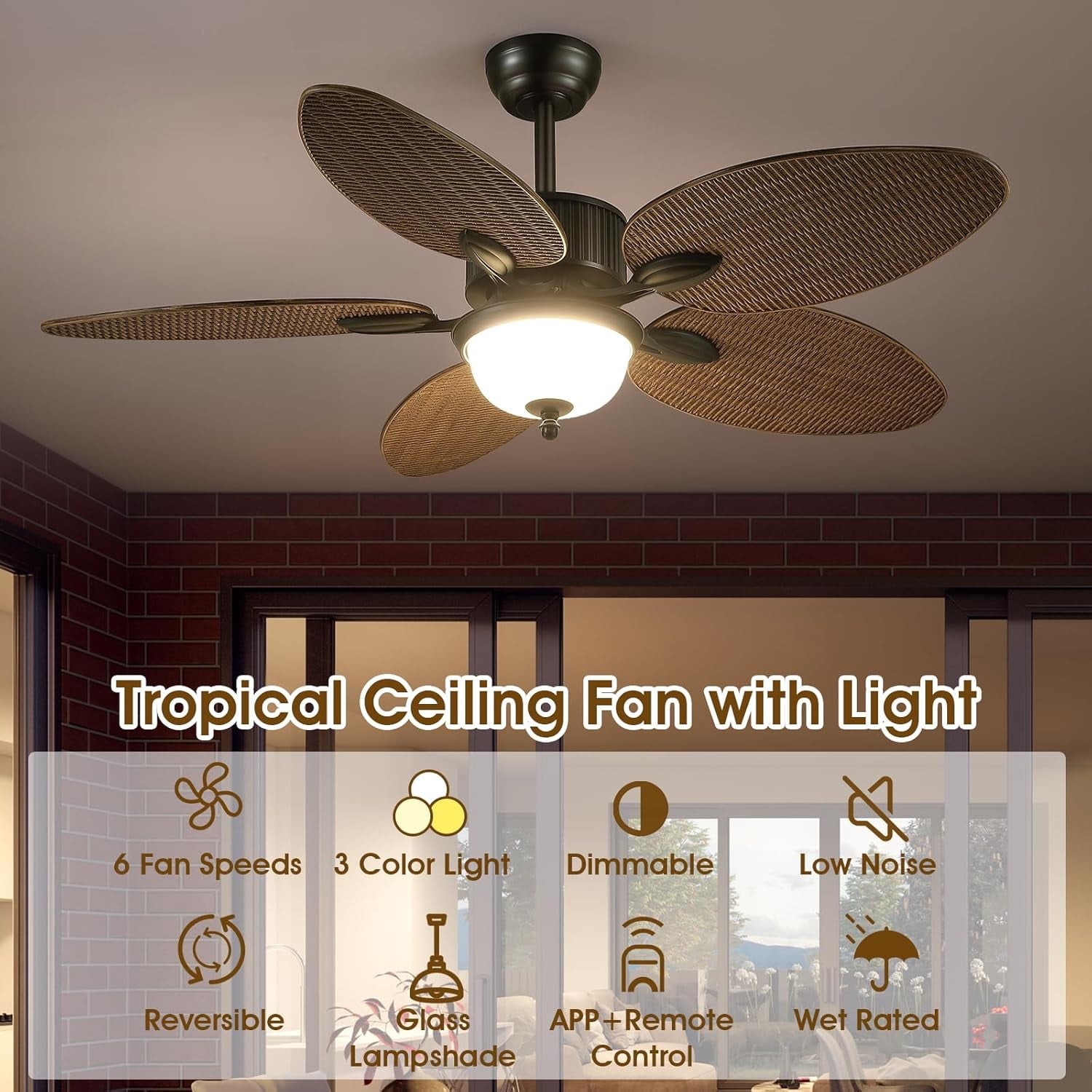 50 Inch Tropical Ceiling Fan with Light & Remote Control, Waterproof Palm Leaf Ceiling Fan for Patio, Porch, Gazebo, Outdoor, 6 Speeds, Quiet Operation, LED Light, Wet Rated, Brown with Glass, 41W