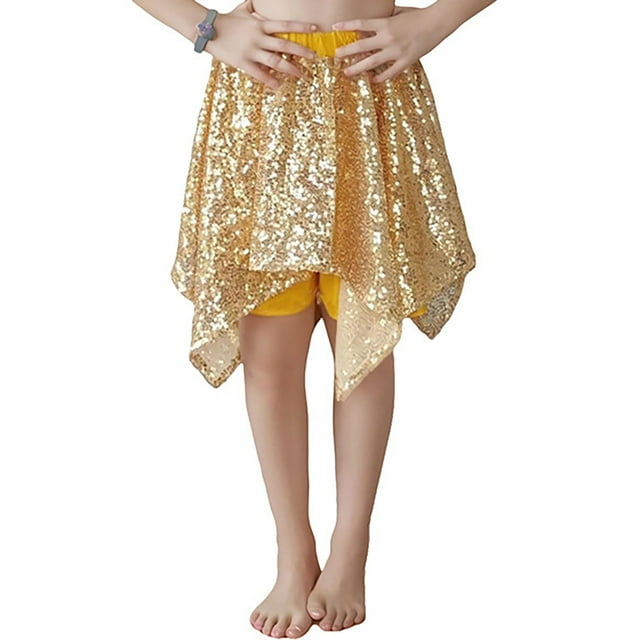 HXWCHs Robe en Tricot Filles Robe de Performance Asymétrique à Couches avec Shorts Intégrés Jupe Tutu pour Fêtes Dansantes et Or 10-12 Ans
