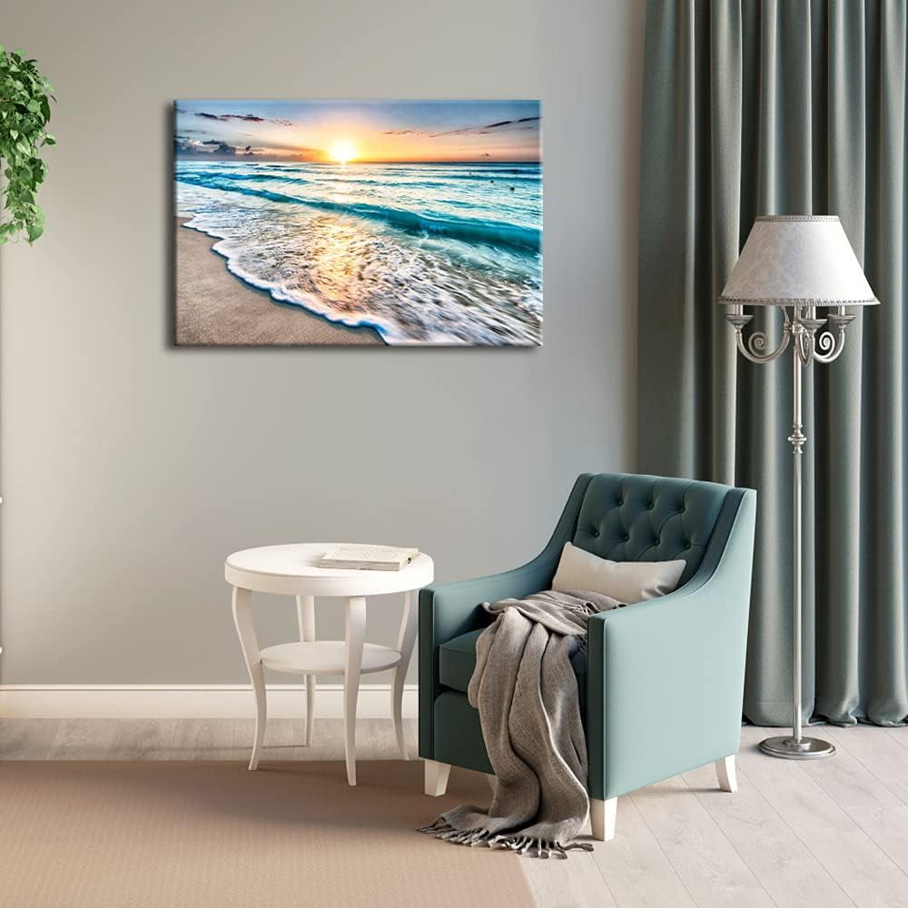 Sea Waves Canvas Wall Art - Large Ocean Beach Print, Stretched & Framed Seascape Giclee Artwork, Ready to Hang for Living Room, Bedroom & Coastal Home Decor