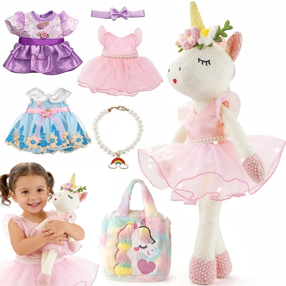 Aijohnny Unicorns Stuffed Animal Doll Toys, Plush Doll with Cloth, Shoe, Bag, Ballet Dress up Doll for Girl, Birthday Gifts for 1-8 Year Old
