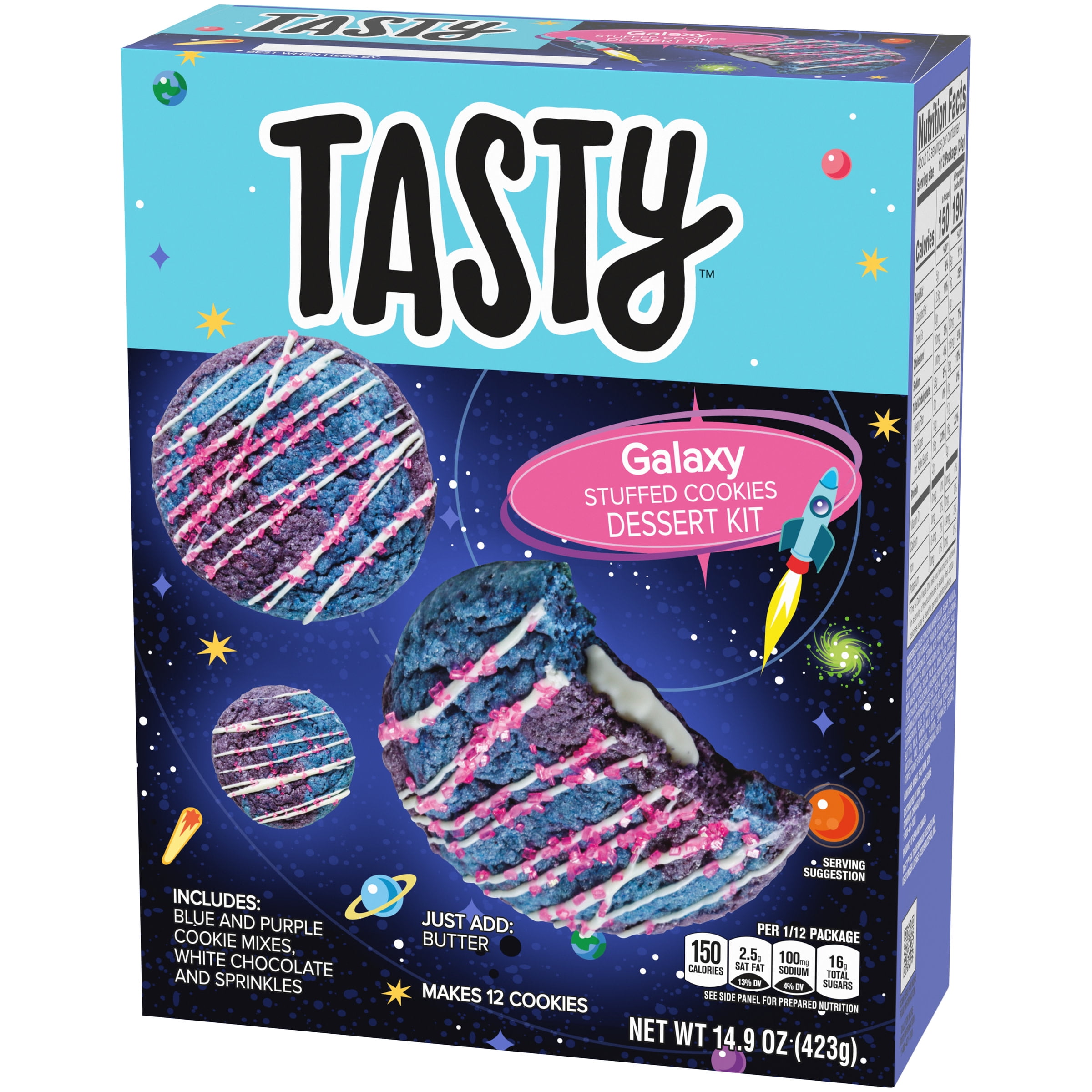 Tasty Galaxy Stuffed Cookies Dessert Kit with Blue & Purple Cookie Mixes, White Chocolate & Sprinkles, 14.9 oz Box