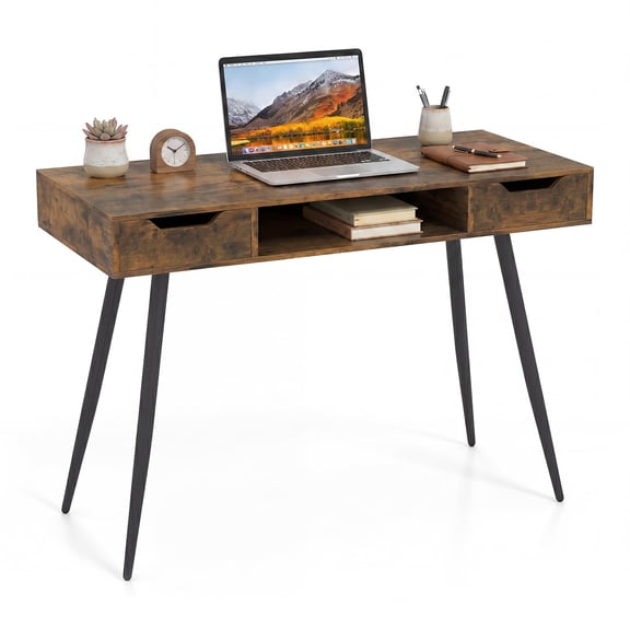 Mid Century Modern Rustic Brown Writing Desk with Storage