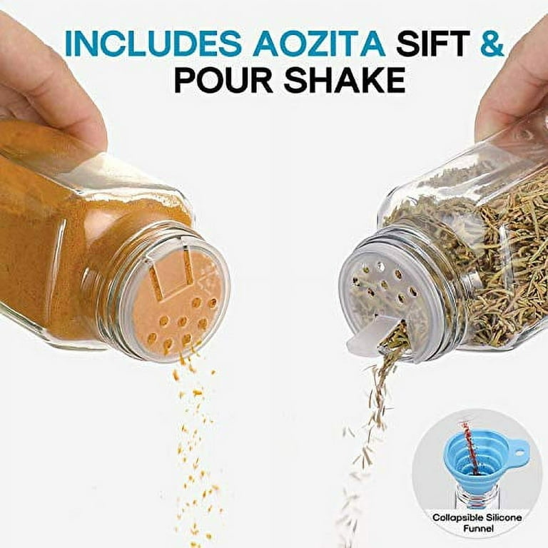  AOZITA 24 Pcs Glass Spice Jars with Labels - 4oz Empty Square Spice  Bottles Containers, Condiment Pot - Shaker Lids and Airtight Metal Caps -  Silicone Collapsible Funnel Included: Home & Kitchen