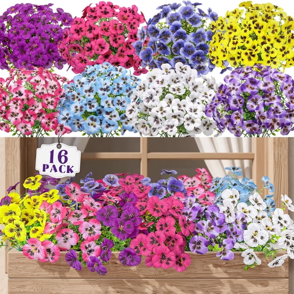 AcerichFad Artificial Pansy Flowers Outdoors, 16 Bundles Faux Silk Spring Flowers Fake Plants for Summer Planter Porch Yard Patio Indoor Decor