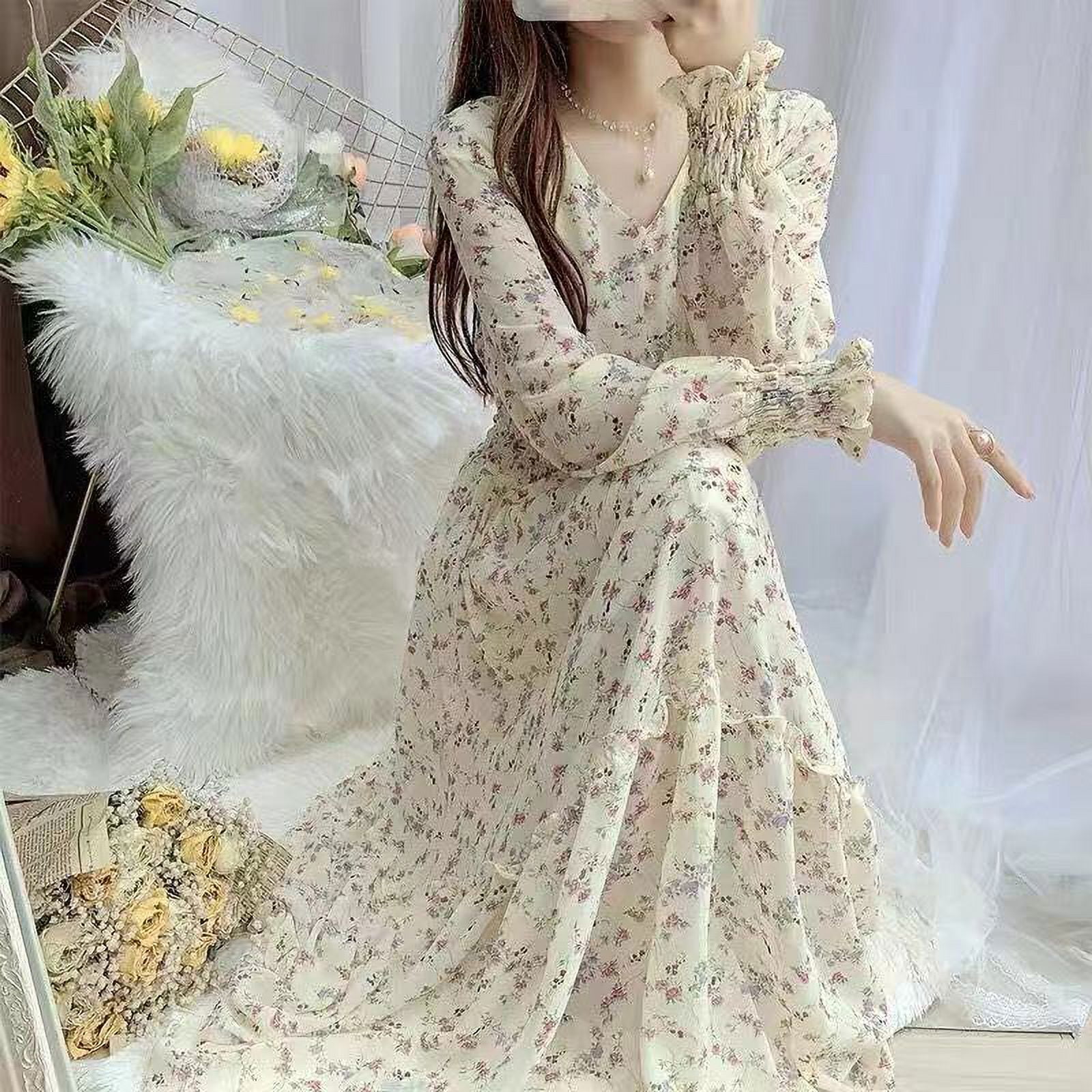 ★韓国人気★I AM MARI★ETORUE FLOWER CHIFFON DRESS EYWOL Long Sleeve Maxi Dresses for Women Floral Maxi Corset
