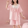 thumbnail image 2 of Kovlvoll Teen Girls Summer Pajamas Sets Solid Color Thin Home Clothes Child Ruffle Short Sleeve Tops with Knee Shorts, 2 of 6