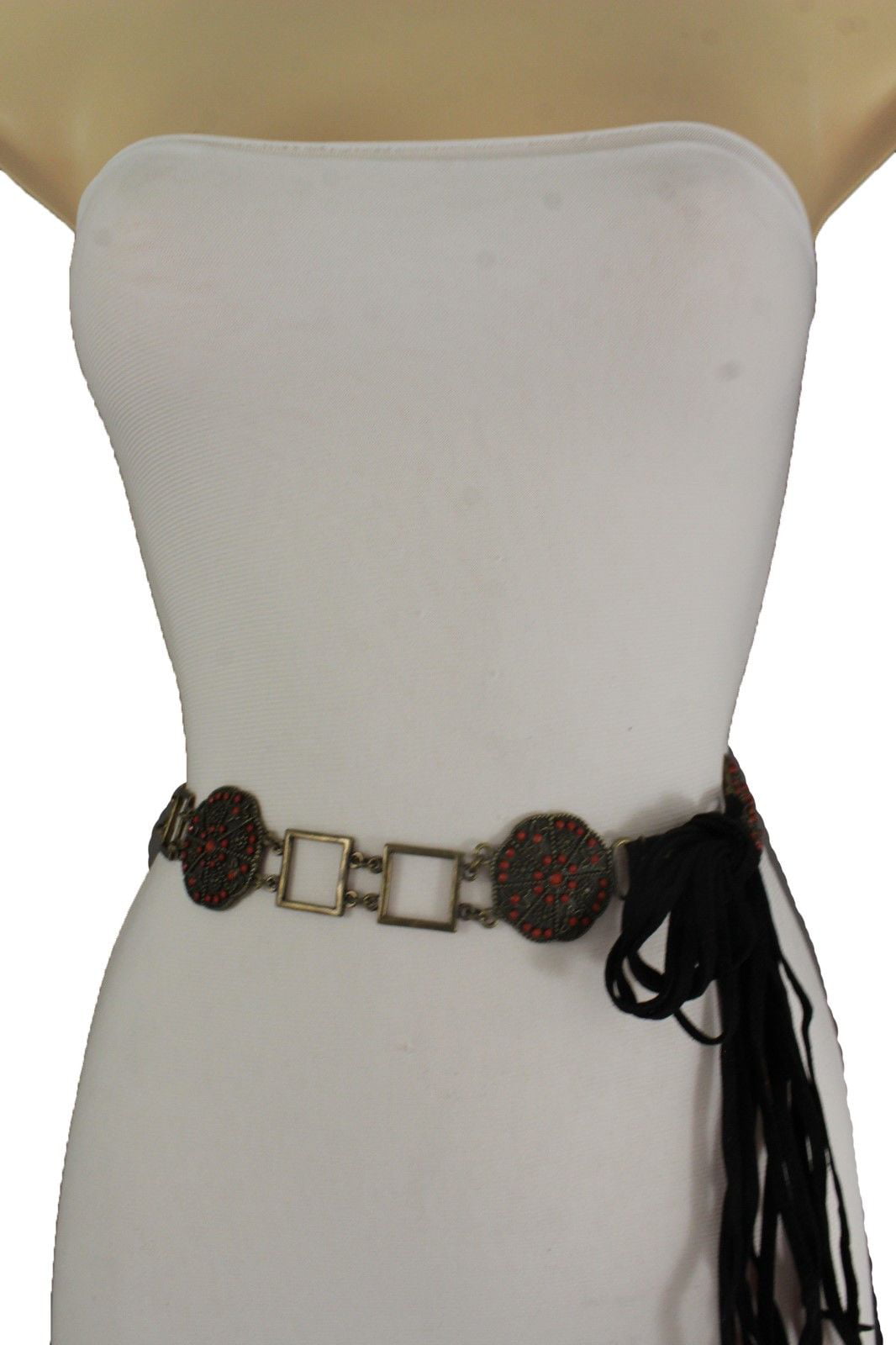Women Fashion Belt Hip Waist Metal Chain Red Brown Flower Charm Buckle Tie M L 