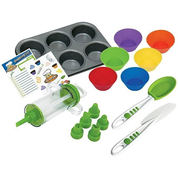 Curious Chef 16-Piece Cupcake & Decorating Kit for Kids, Dishwasher Safe & BPA-Free Plastic, Real Tools - Non-stick Tin, Liners, Silicone Mixing Spoon, Frosting Spreader, Decorator Tube & More