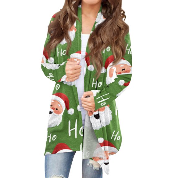 Women's Fashionable Loose-Fit Casual Cardigan with Christmas Print Mid-Length Coat for Holiday Outfits and Comfortable Wear,Army Green,L