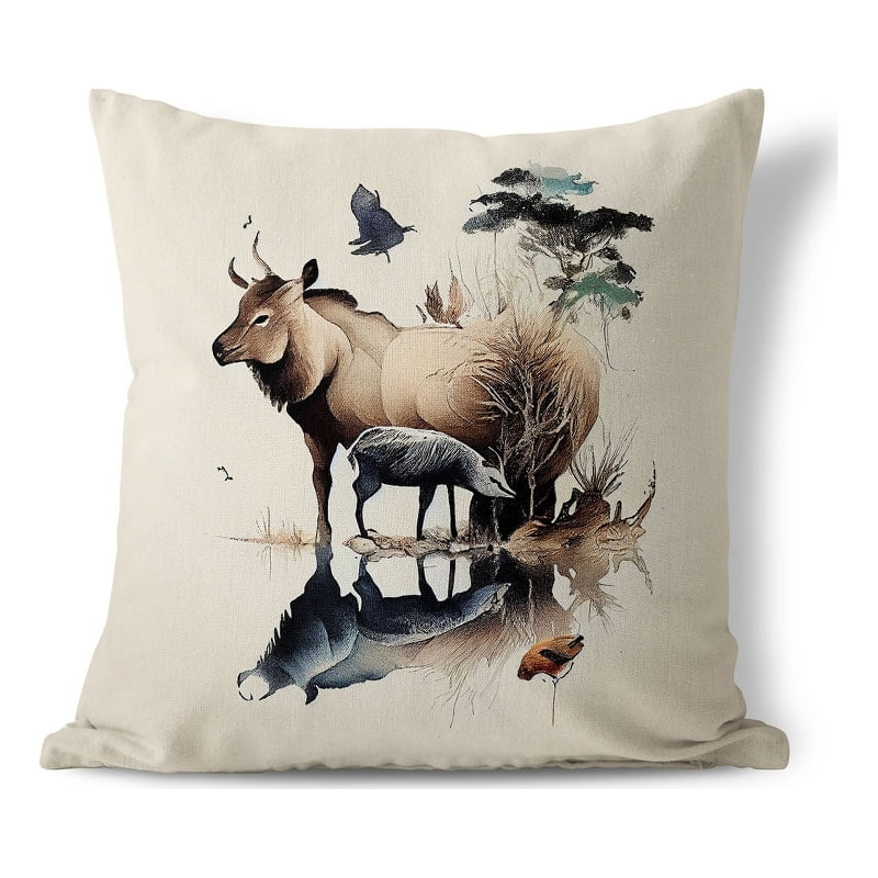 Reflection of Deer Indoor Outdoor Fabric Pillow in Gray 16x16 with zip