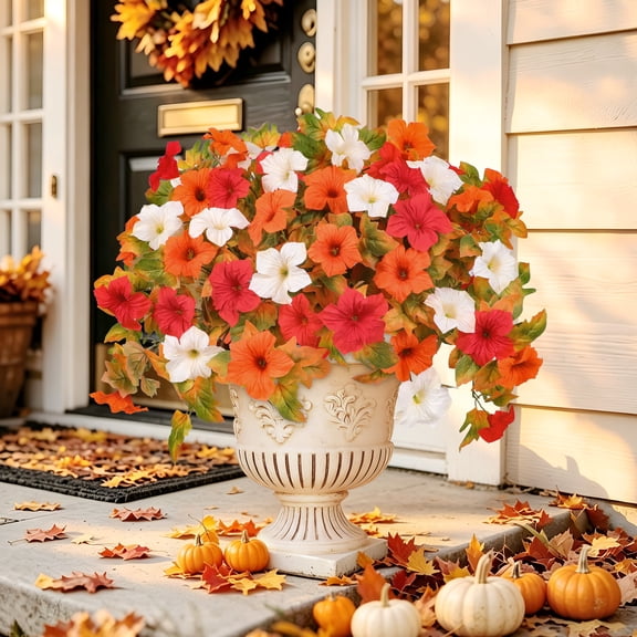 HKKDKTA Artificial Fall Flowers Fake Petunias for Outdoor, 2 Pcs Silk Flowers UV Resistant for Garden Balcony Yard Porch Indoor Decor