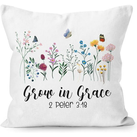 Christian Floral Pillow Covers 18x18, Inspirational Christian Gifts for Women Faith, Bible Verse Gifts, Christian Home Decor, 2 Peter 3:18 Grow in Grace Bible Verse Pillow Covers