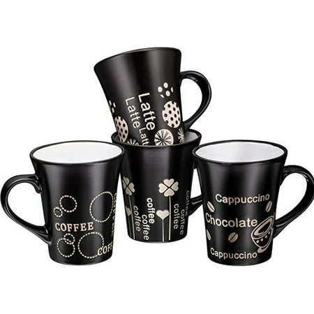 

Bruntmor Set Of 4 Matte Black Novelty Coffee-Themed Sayings for Coffee Tea Cocoa Large Ceramic Mugs 14 OZ