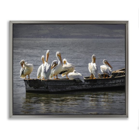 Stupell Industries Rustic Lodge Pelican Flock On Floating Lake Boat Gray Floating Frame Canvas Art, 21 x 17, by David Lorenz